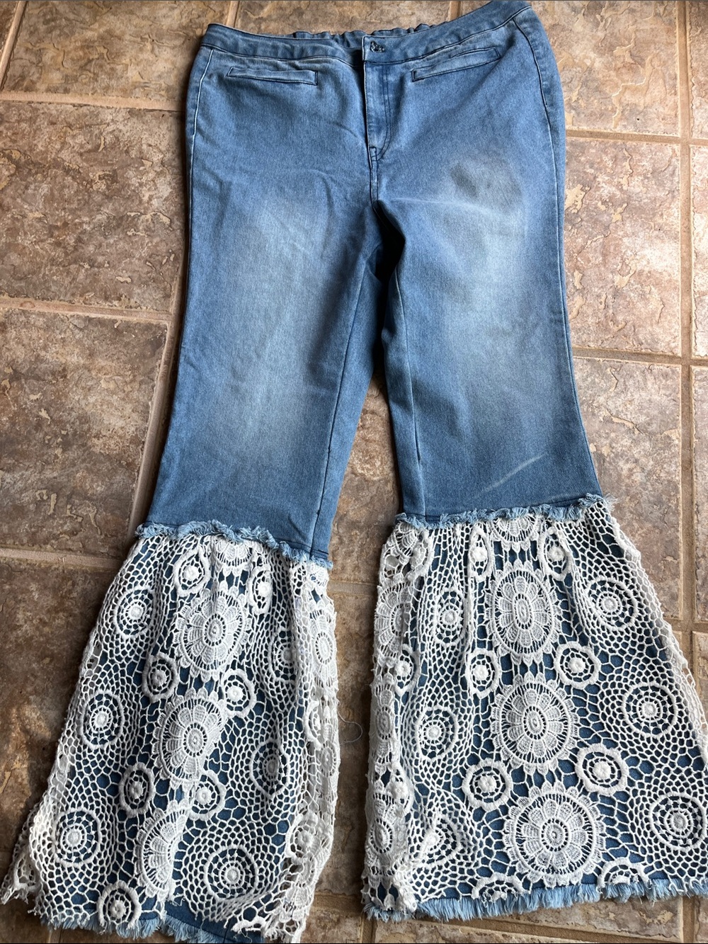 A Rare Bird Light Blue Denim Flare Jeans with White Crochet Panels